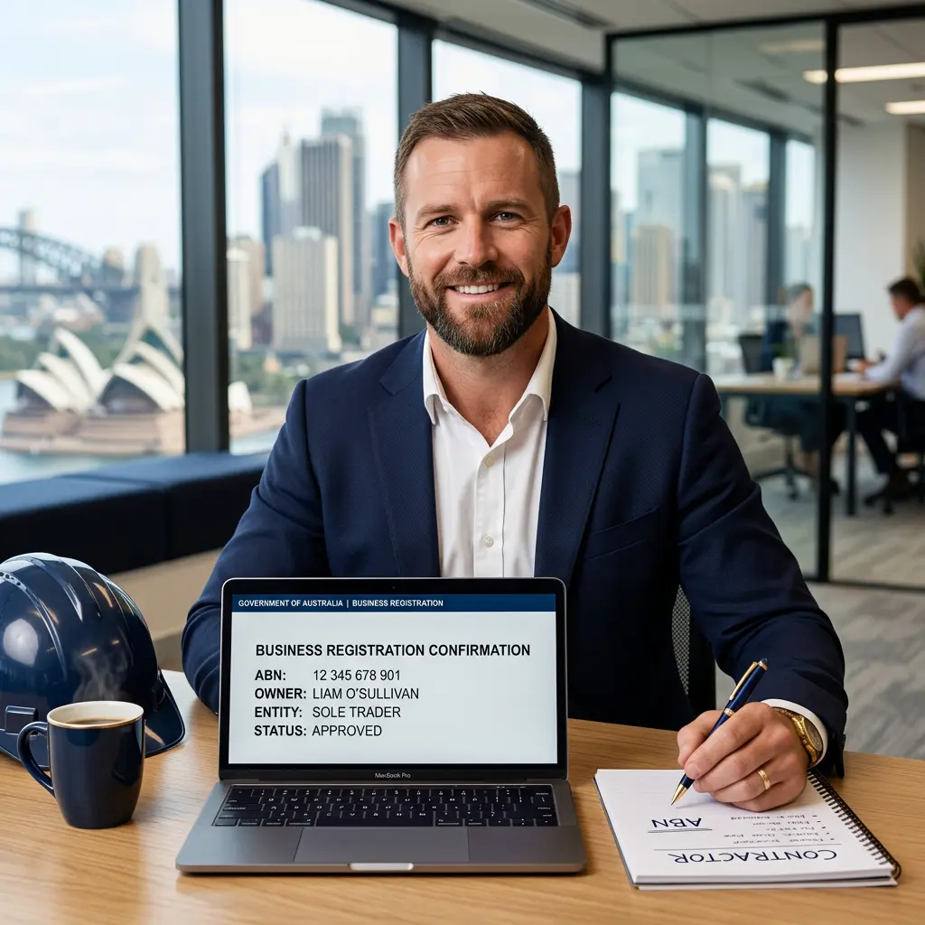 Australian contractor reviewing ABN registration documents on a laptop at a modern Sydney construction site office