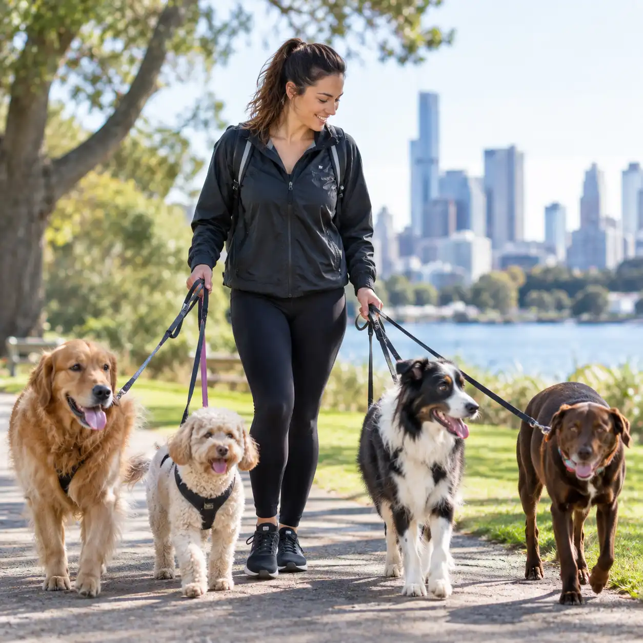 Australian dog walker caring for a dog in a suburban park