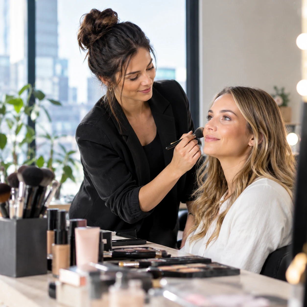 Australian makeup artist preparing a client in a professional studio