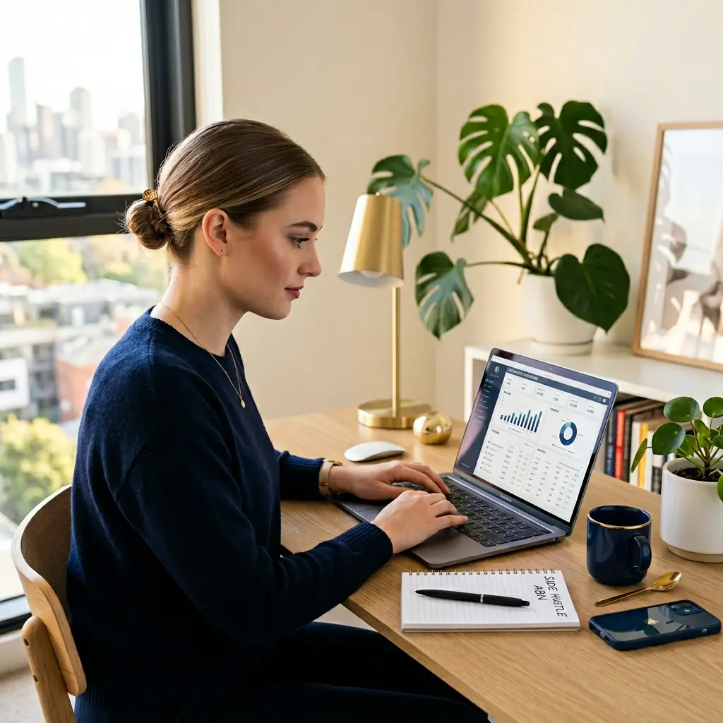 Australian side hustler working on laptop at a home office desk in Melbourne with ABN registration documents and coffee
