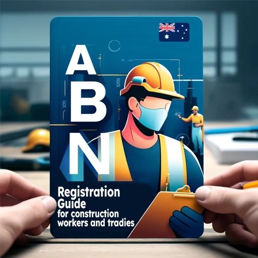 Construction worker holding ABN registration form on Australian construction site with Australian flag.