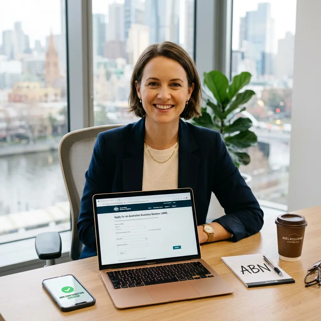 Australian sole trader reviewing ABN registration documents at a desk with a laptop, coffee, and business paperwork in a modern Sydney office