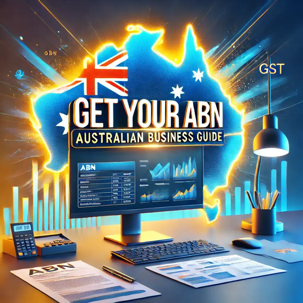 Get Your ABN: Australian Business Guide, featuring a vibrant Australian map, professional desk setup, and icons for ABN, GST, and business registration