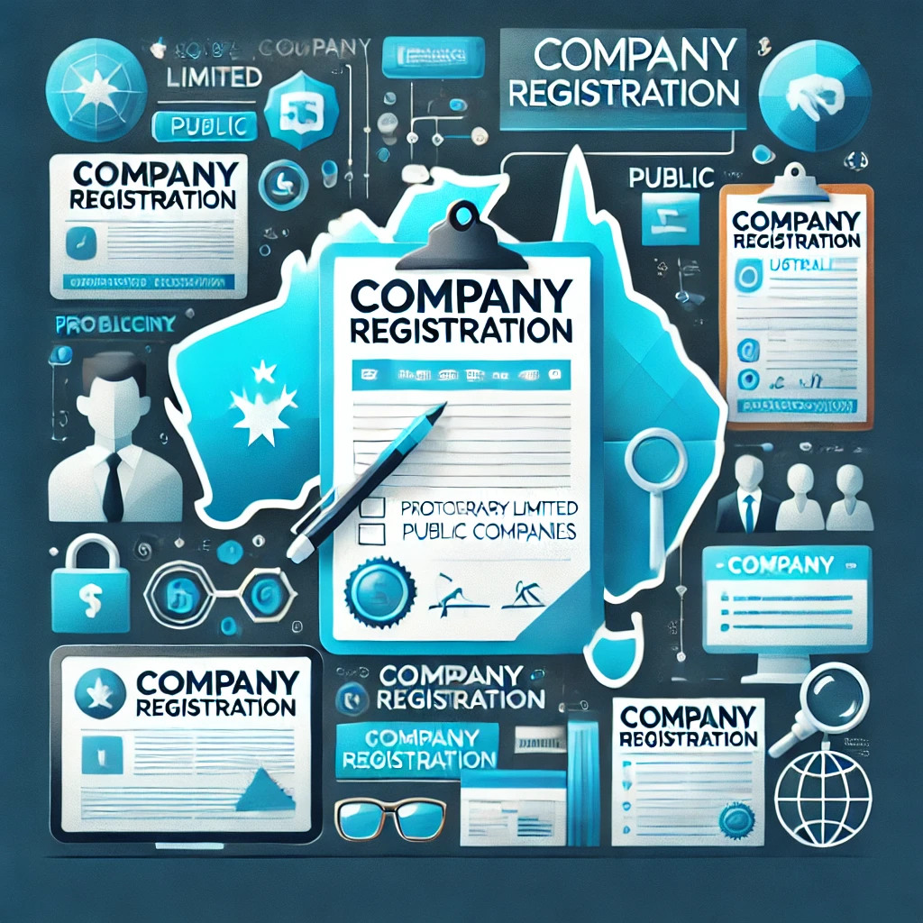 Thumbnail image depicting company registration in Australia with a map, registration form, and company type icons