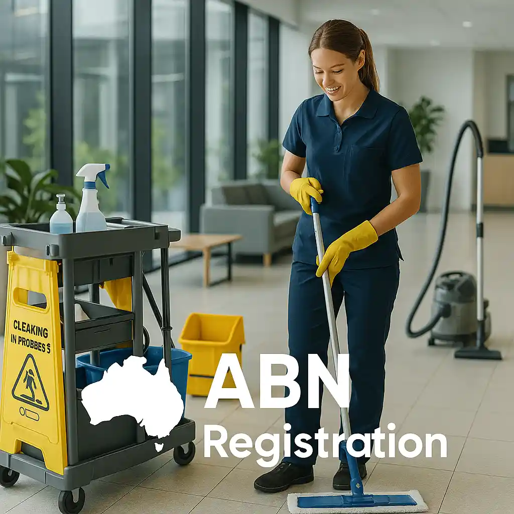 Commercial cleaner mopping office floor with cleaning cart