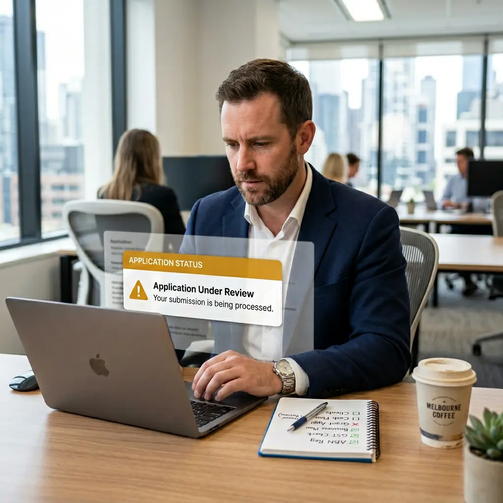Frustrated Australian sole trader reviewing a rejected ABN application on a laptop at a modern office desk in Melbourne