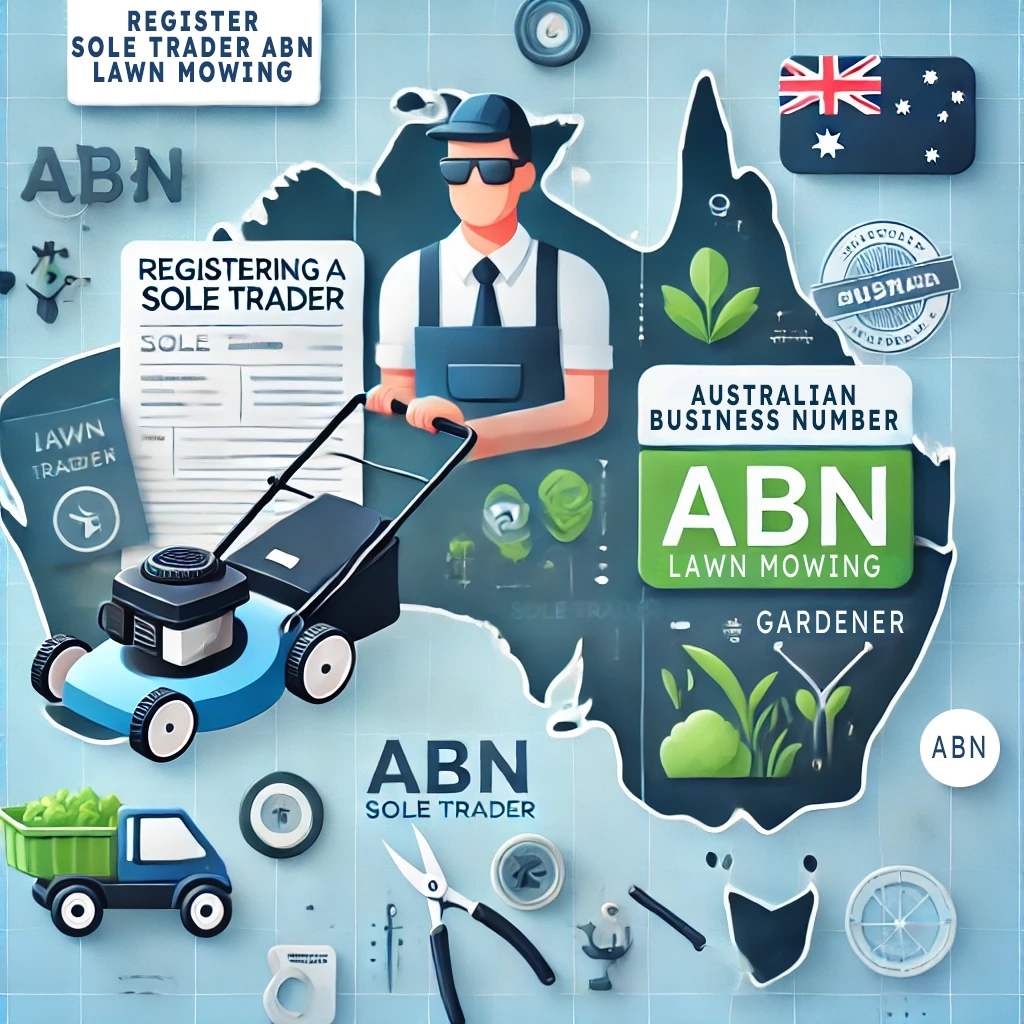 Thumbnail image for registering a sole trader ABN for a gardener lawn mowing service in Australia, featuring icons of sole trader, gardening tools, ABN, and Australian map