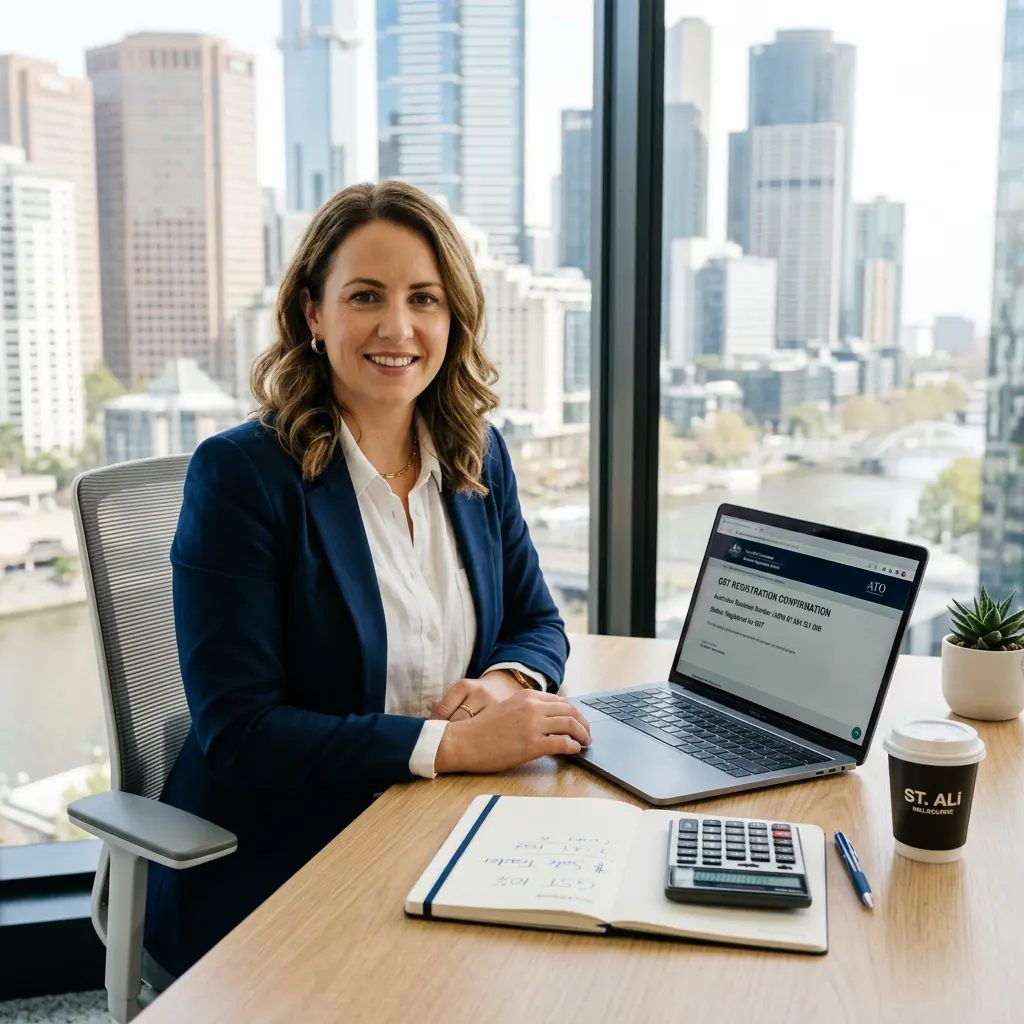 Australian sole trader reviewing GST registration and BAS documents on a laptop at a modern Melbourne office desk