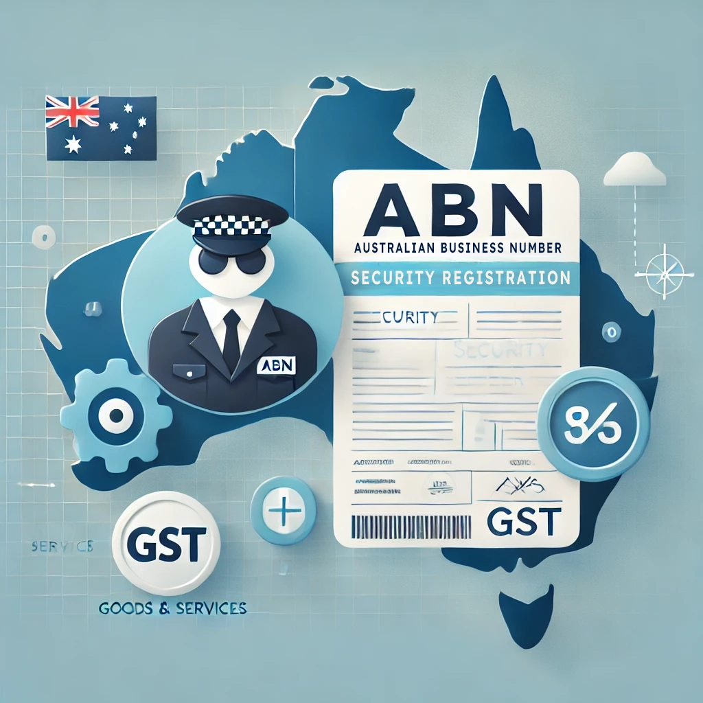 Thumbnail image for ABN registration for security services in Australia, featuring icons of security service provider, ABN, GST, and Australian map