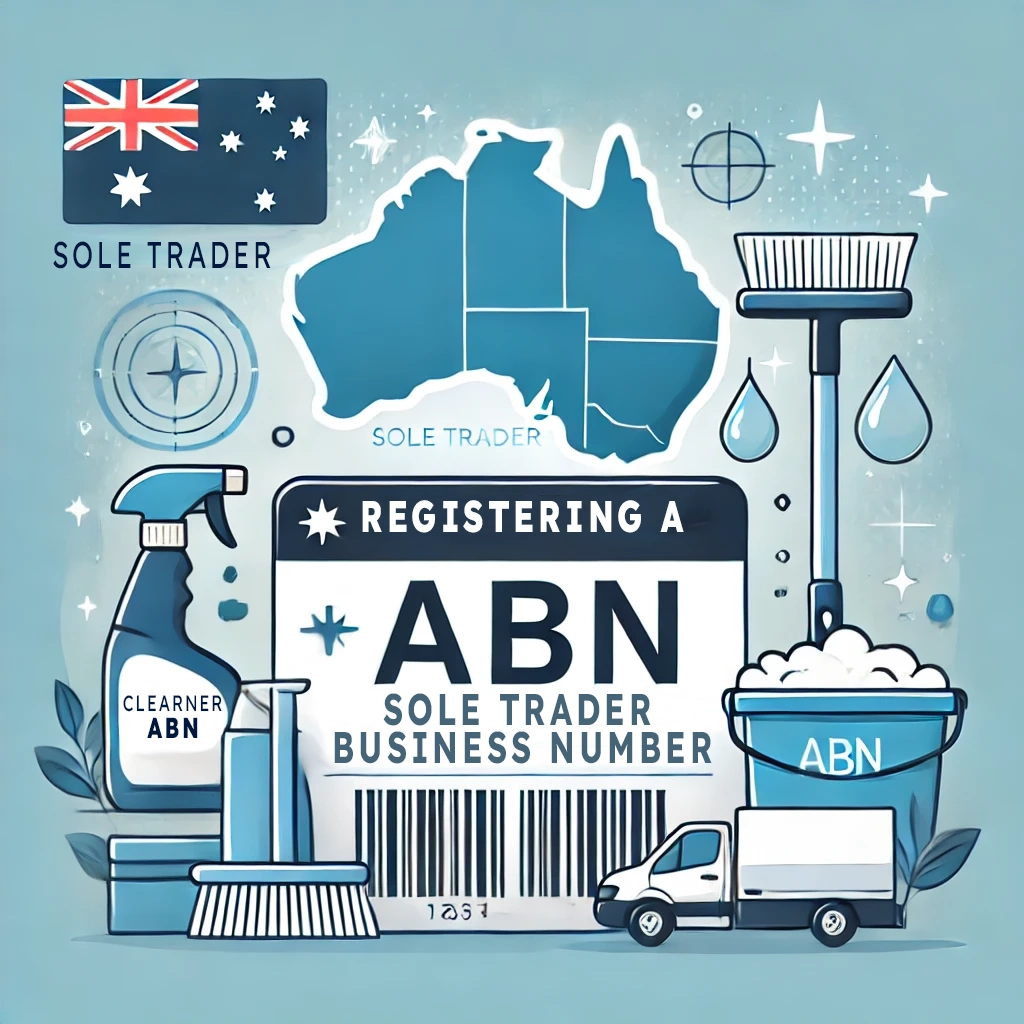 Thumbnail image for registering a sole trader ABN for a cleaning service in Australia, featuring icons of sole trader, cleaning supplies, ABN, and Australian map