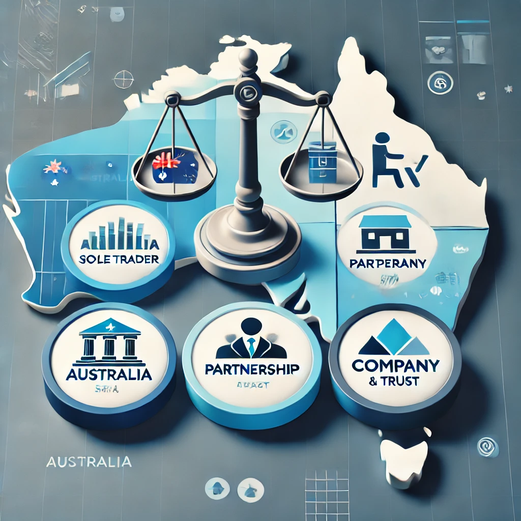 Thumbnail image depicting different business structures in Australia with icons for sole trader, partnership, company, and trust, a map of Australia, and a balance scale symbolizing options