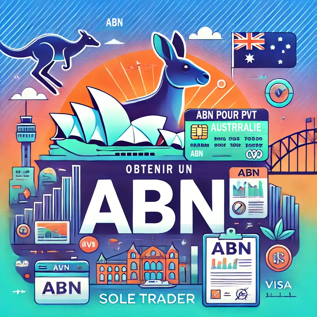 Miniature pour le guide d'enregistrement d'ABN avec un visa Vacances-Travail (sous-classe 417), comprenant des icônes pour le visa, auto-entrepreneur, ABN et Australie