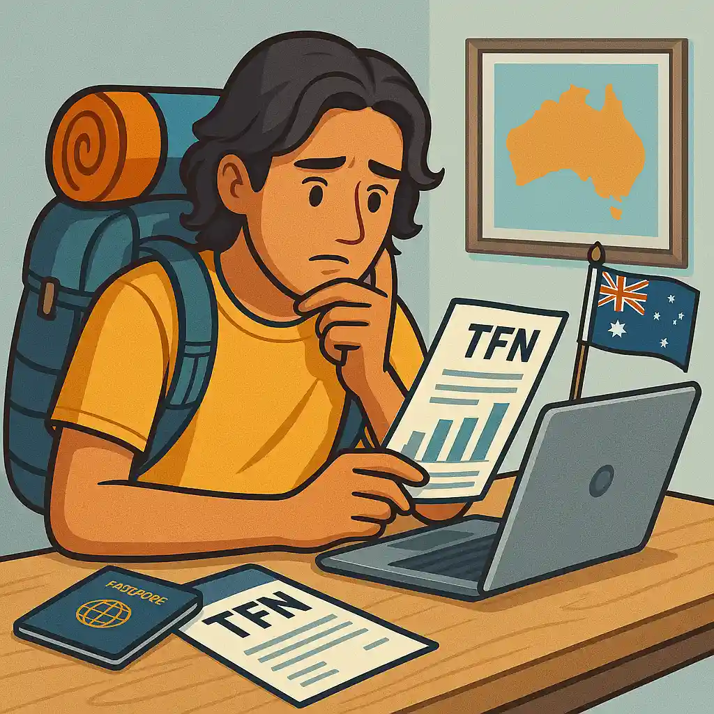 Working holiday visa holder checking 2025 tax rates on laptop
